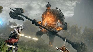 An Elden Ring player squaring off against a giant knight holding a stave