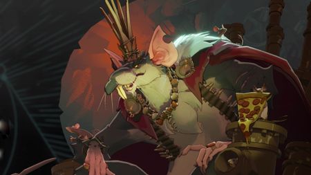 A screenshot of Deadlock hero The Rat King. A giant rat wearing a metallic crown and a cape sits on a throne of scrap metal.