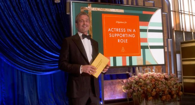 Brad Pitt present the award for best actress in a supporting role during the 2021 Oscars.