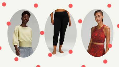 Lululemon Cyber Monday deals including leggings, a sweater and training bra on a polka dog background