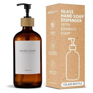 Amber glass soap dispenser with bamboo lid