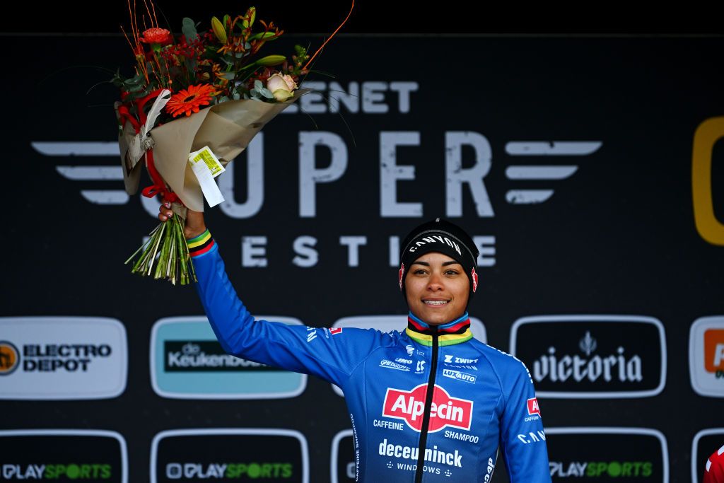 RIJKEVORSEL BELGIUM NOVEMBER 19 Ceylin Del Carmen Alvarado of The Netherlands and Team Alpecin Deceuninck celebrates at podium as race winner during the 36th Superprestige Merksplas 2022 Womens Elite Superprestige2023 CXWorldCup CycloCross on November 19 2022 in Rijkevorsel Belgium Photo by Luc ClaessenGetty Images