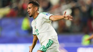 Nadhir Benbouali #12 of Algeria celebrates after scoring his team's first goal during the FIFA World Cup 2026 Group J match between Jordan and Algeria