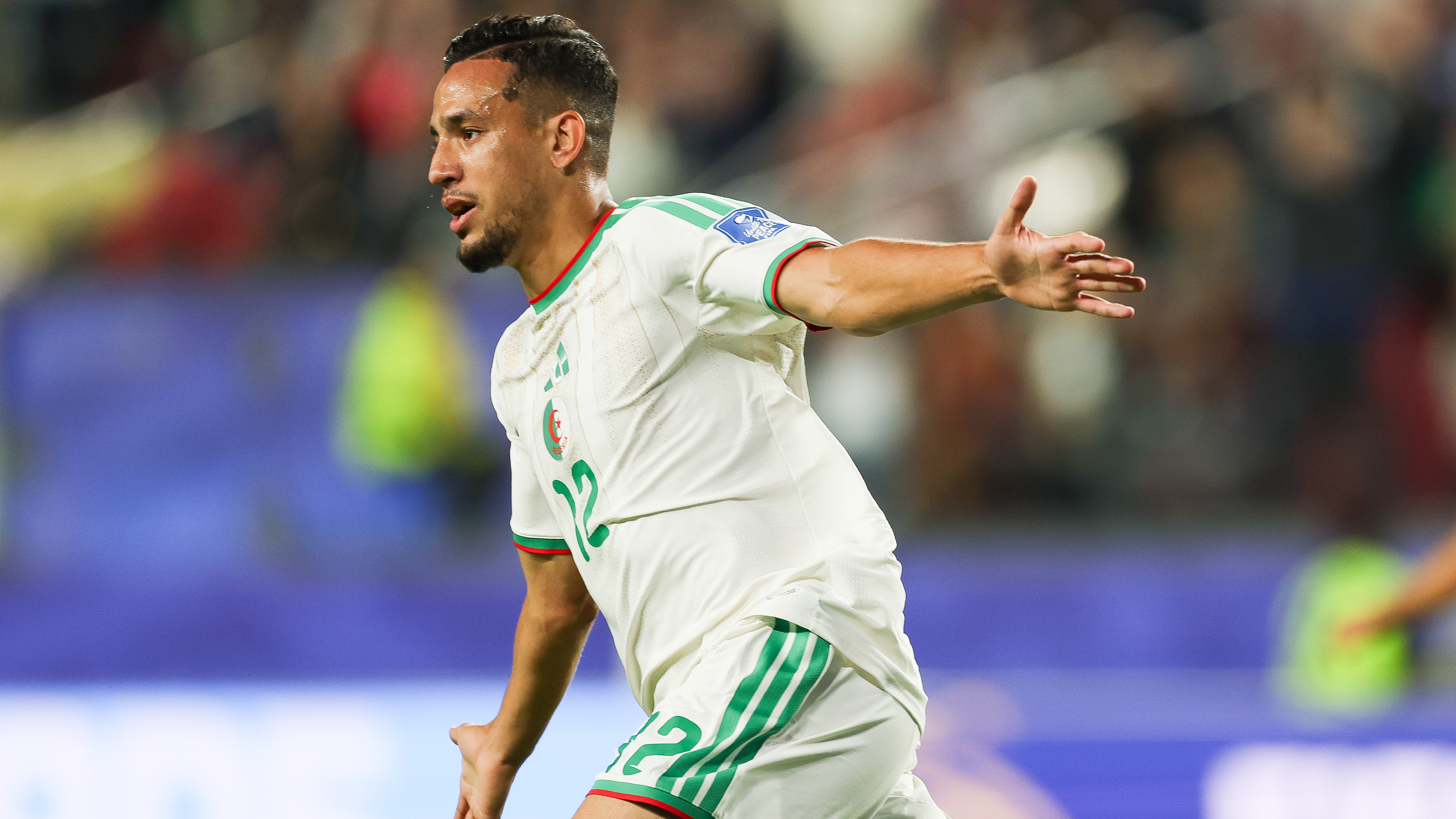 Nadhir Benbouali of Algeria celebrates after scoring his team's first goal during the FIFA World Cup 2026 Group J match between Jordan and Algeria