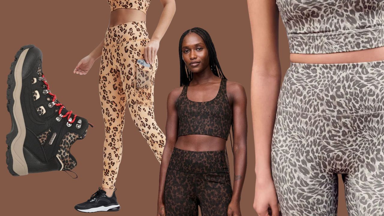 A collection of leopard print activewear from Mountain Warehouse, Fabletics, GAP, and Next