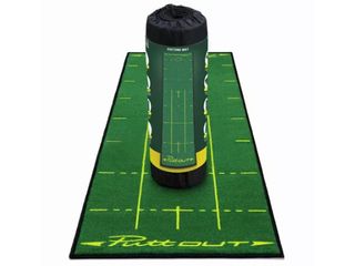 PuttOUT Deluxe Putting Mat, golf mat rolled up, green putting mat with alignment aids