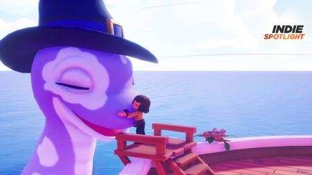 In Collector's Cove, the collector protagonist who has short brown hair and wears a jumper with cherries on it hugs the Fable Fin companion who wears a witch hat. GamesRadar+'s Indie Spotlight series logo can be seen in the top right-hand corner 