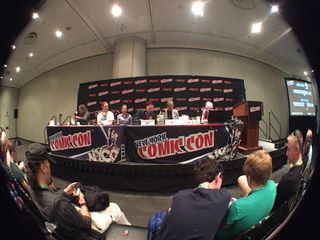 (Left to right) Panelists Sylvain Neuvel, Nathan Hale, Kirsten Miller, Annalee Newitz and Adam Christopher, and moderator Maryelizabeth Yturralde, in the New York Comic Con panel "It's Technical: Our Future With Robots and More."