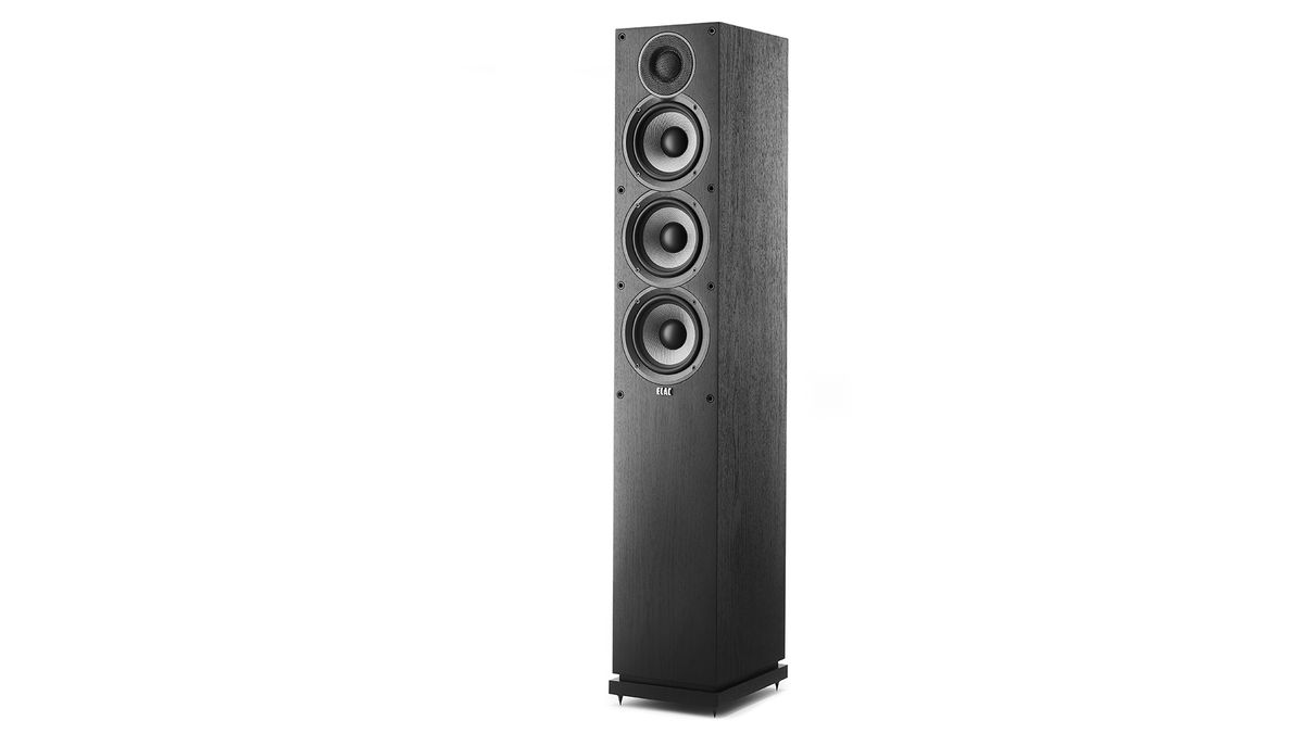 A single Elac Debut 2.0 F5.2 floorstander in black