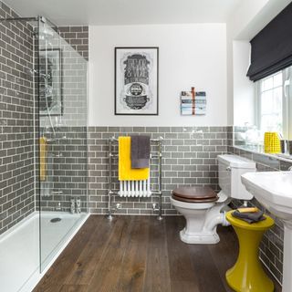 bathroom with yellow and grey theme