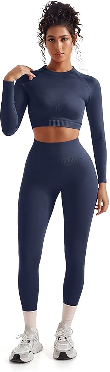 SUUKSESS, Suuksess Women 2 Piece Workout Sets Hidden Scrunch Hip Lifting Seamless Leggings Long Sleeve Yoga Crop Tops High Waisted Yoga Pants Tracksuits (navy Blue, M)