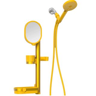 sproos! showerhead and looking good bundle with accessories like a mirror and shelf in yellow