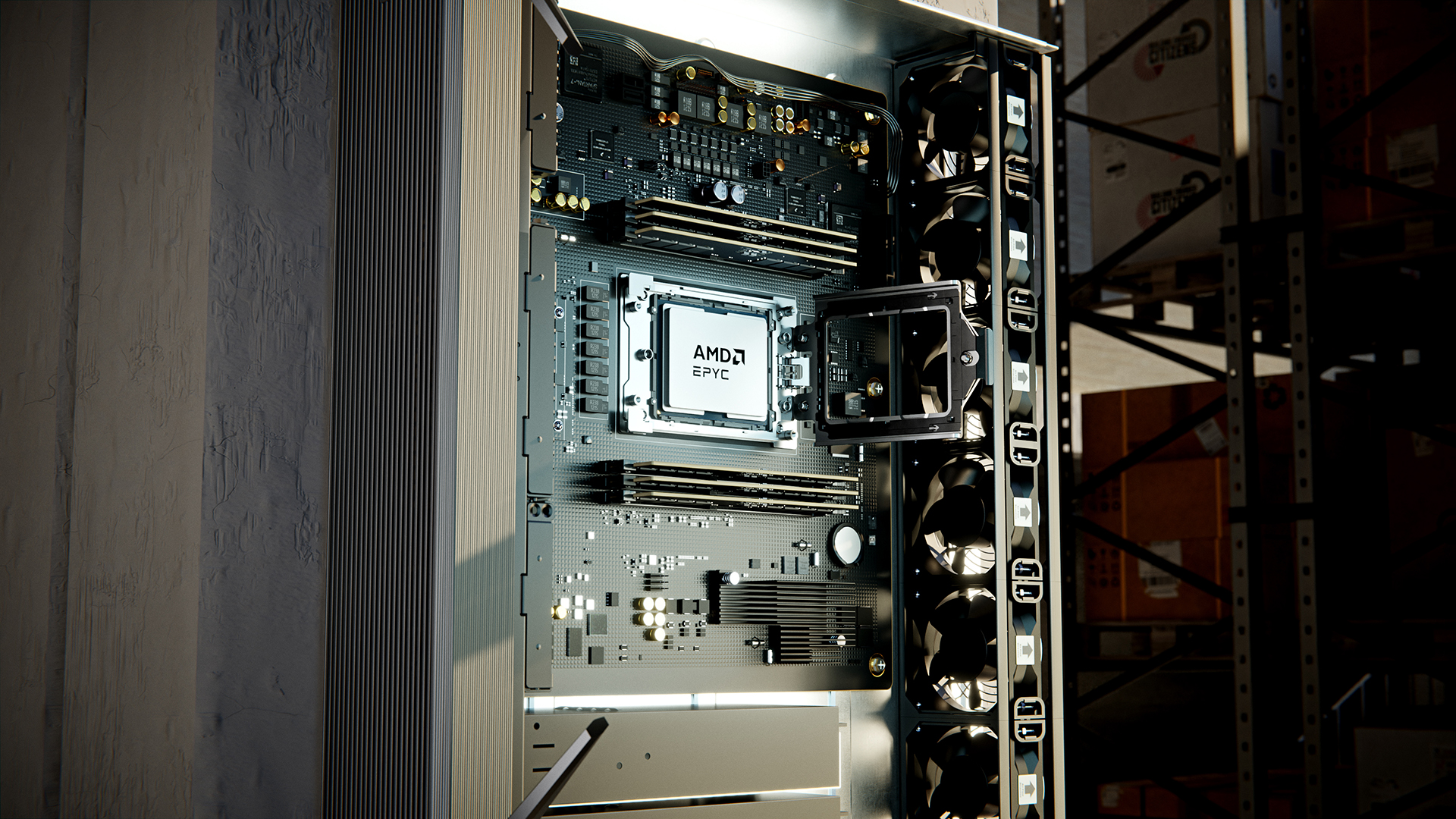 An AMD EPYC CPU in place in a server