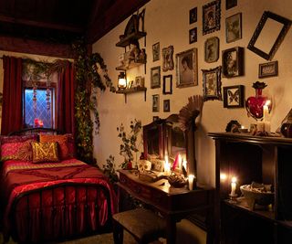 Interior of the Hocus Pocus Airbnb - bedroom with expansive antique gallery wall
