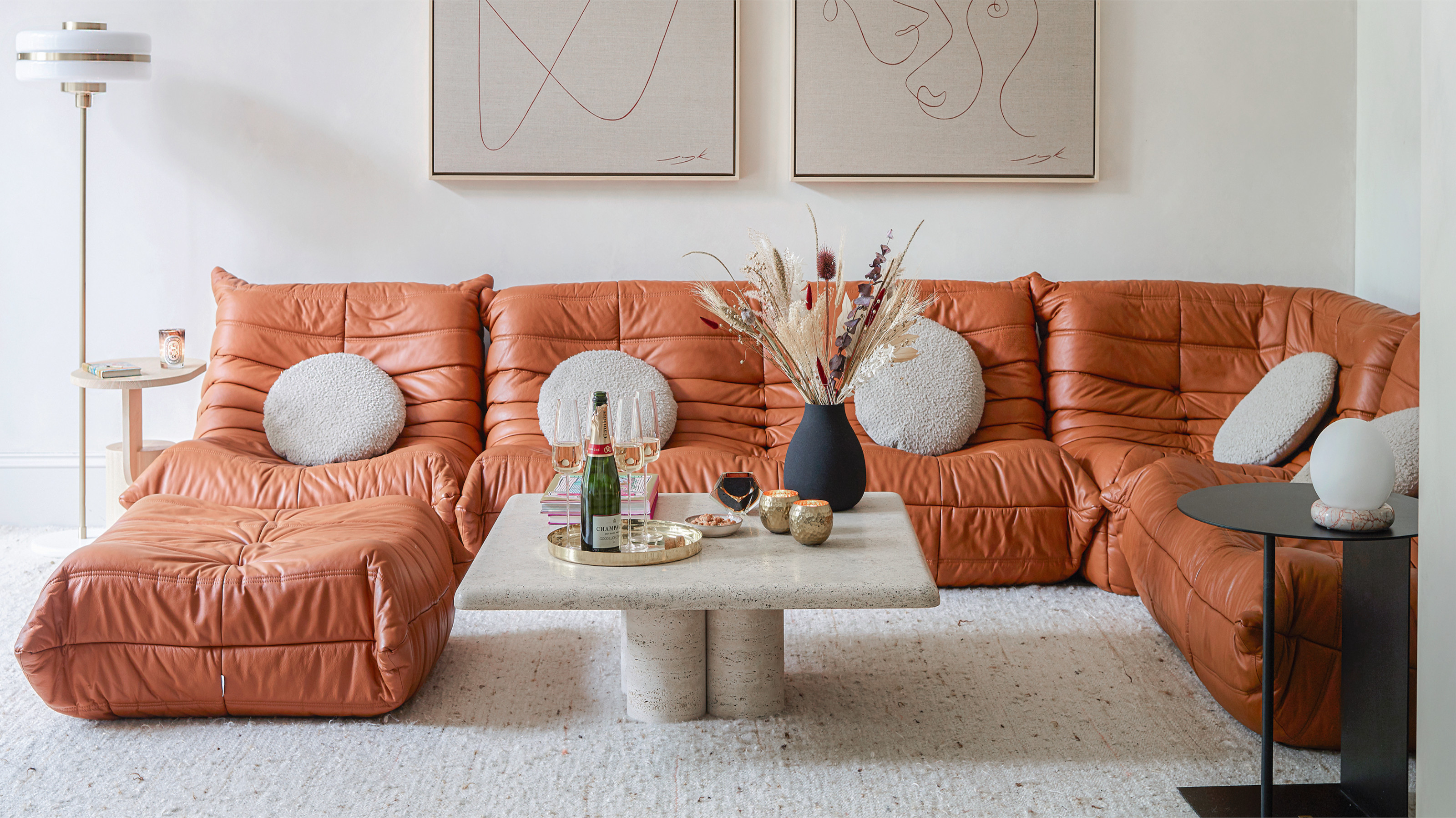 Togo Sofa in Cognac Leather by Michel Ducaroy for Ligne Roset, 1980s, Set  of 5 for sale at Pamono