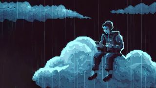 Pixel art character gaming while sitting on a cloud