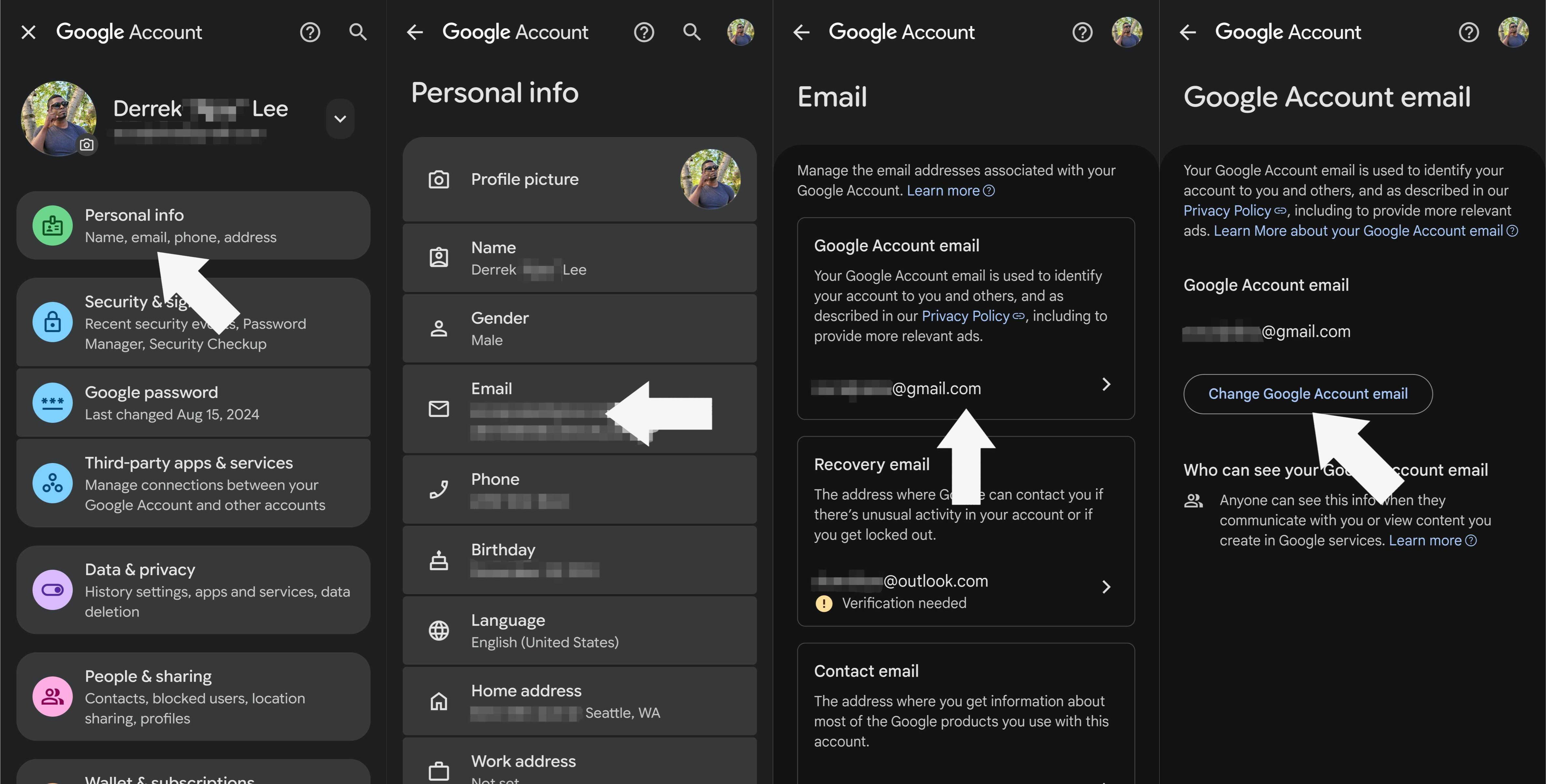 Steps to change Gmail account email on an Android phone