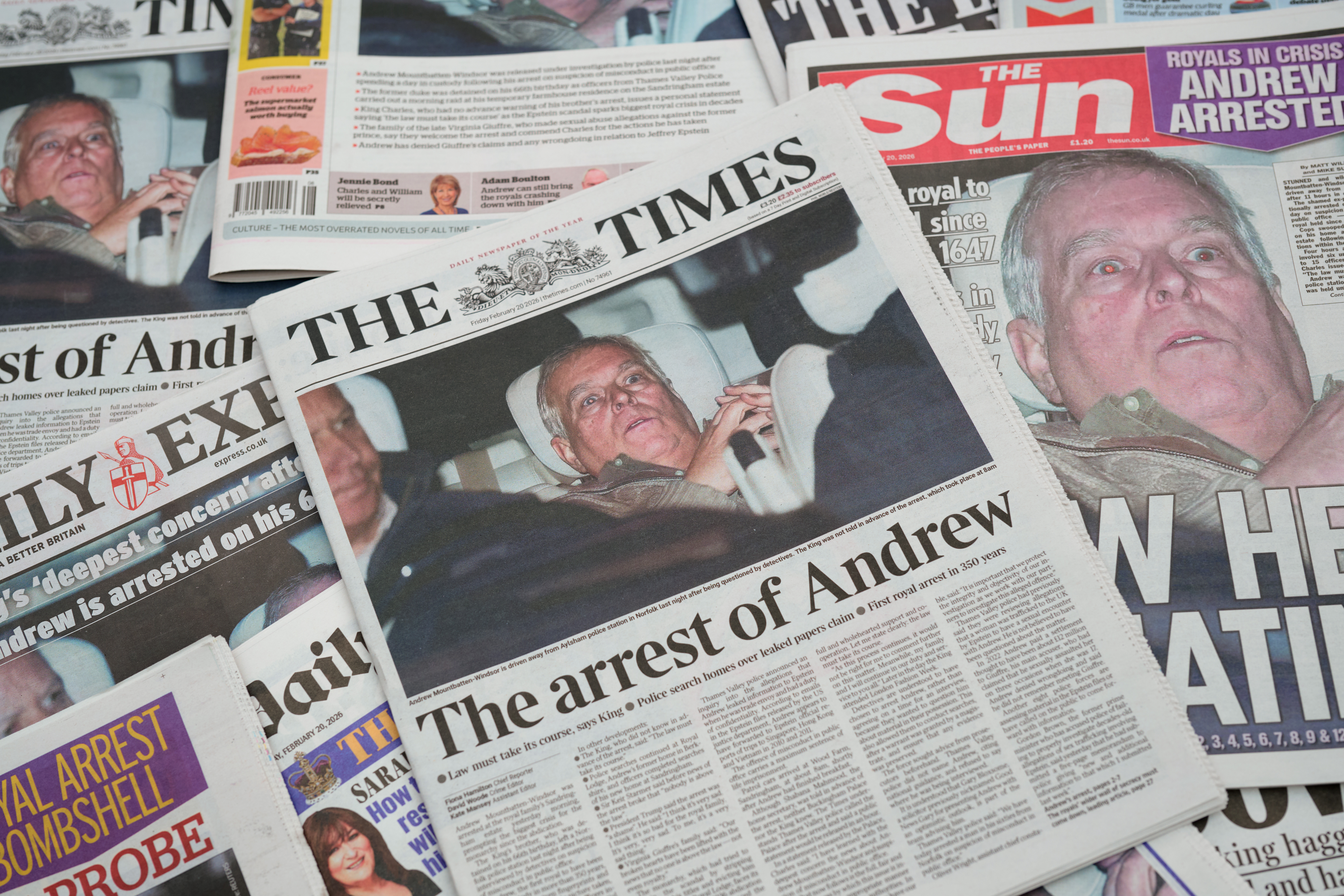 Newspapers with headlines stating Prince Andrew had been arrested
