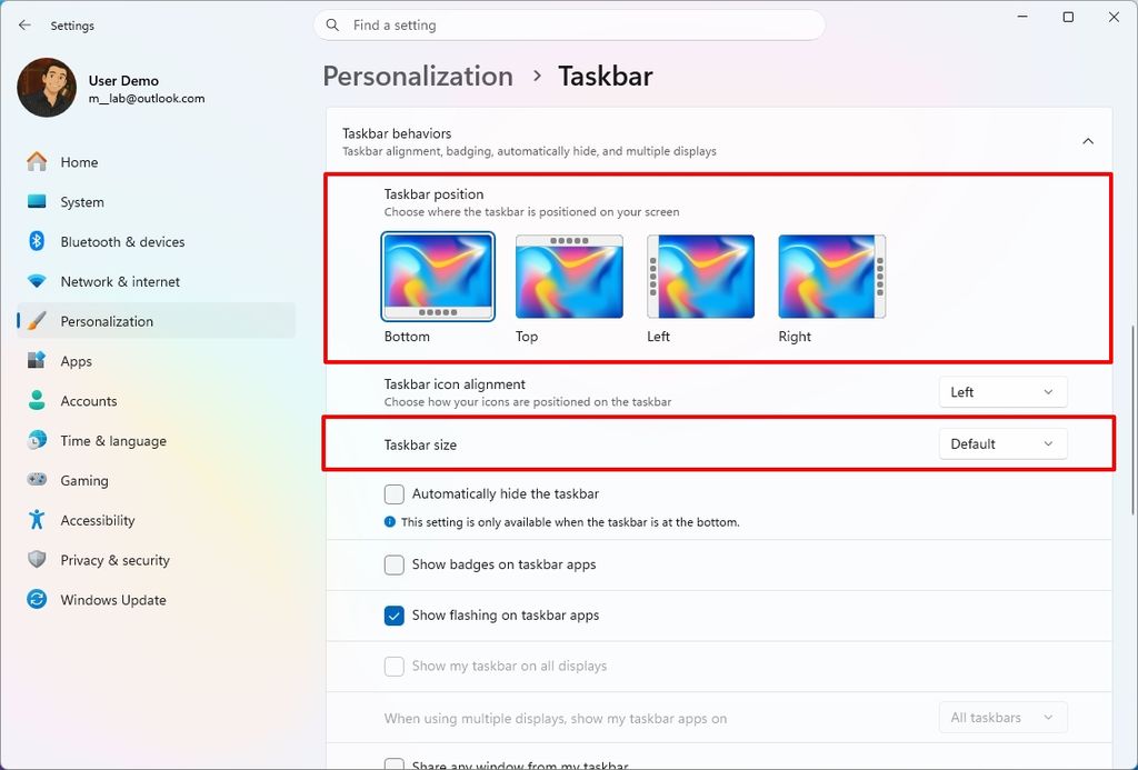 Windows 11 Settings showing the Taskbar position settings.