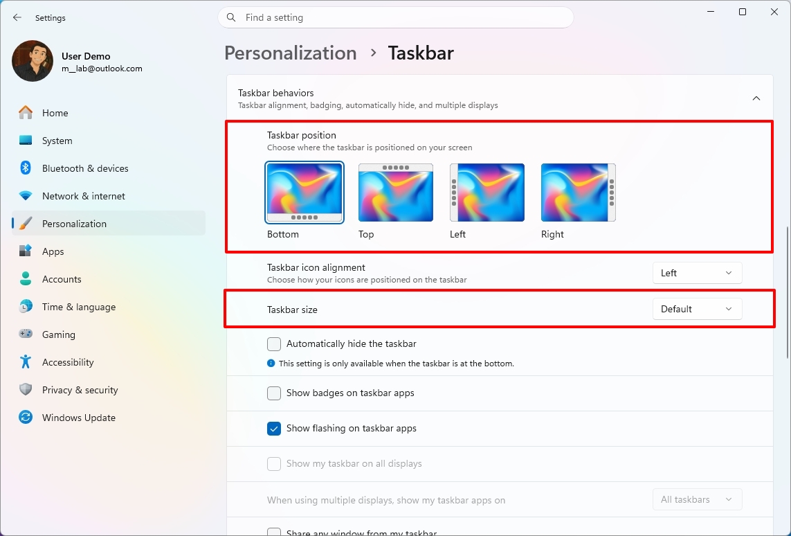 Windows 11 settings showing taskbar position settings.
