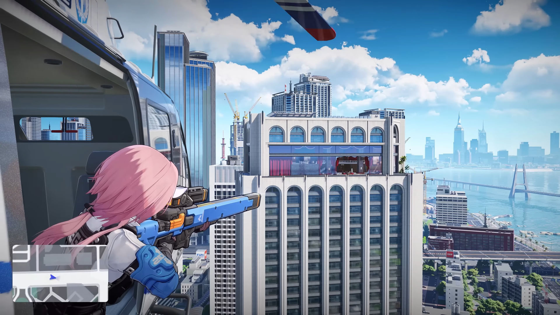 A pink haired sniper in Ananta takes aim from a helicopter at the penthouse of a skyscraper, from the PlayStation gameplay trailer, providing cover for a chracter the player was previously controlling inside