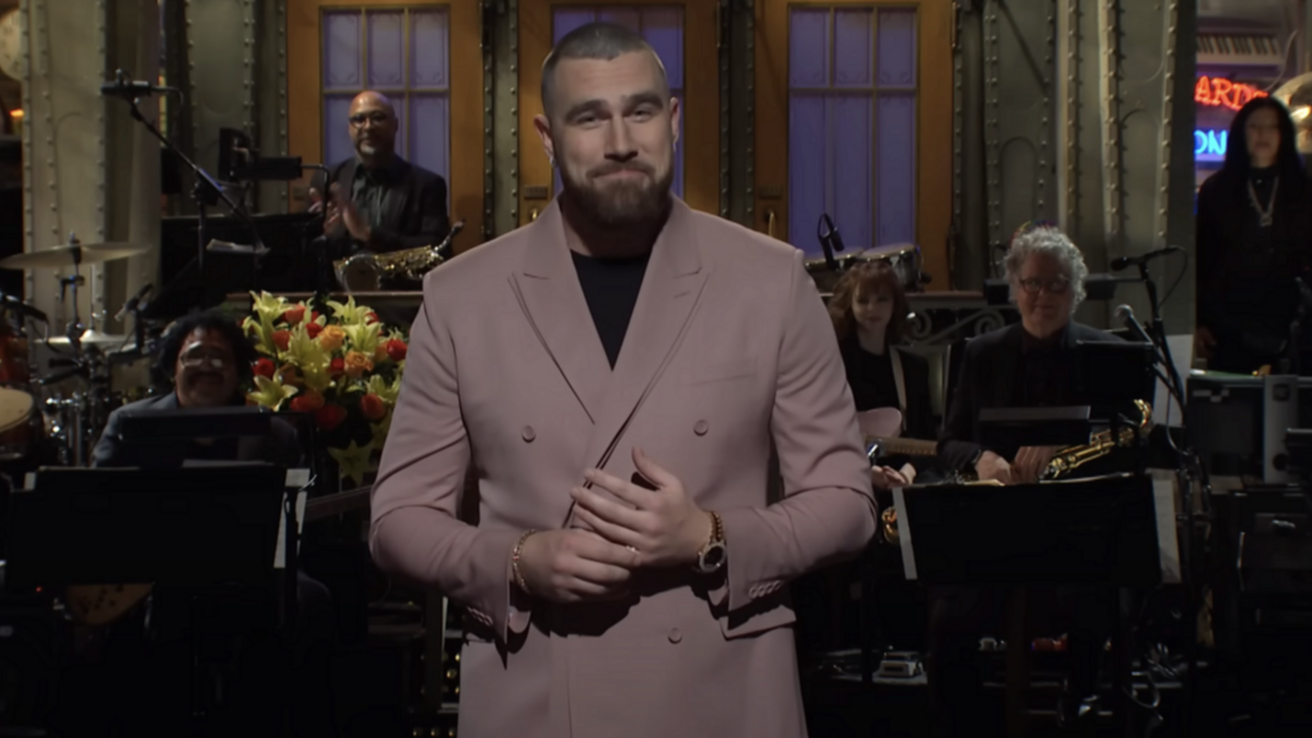 Travis Kelce performing the monologue when hosting Saturday Night Live