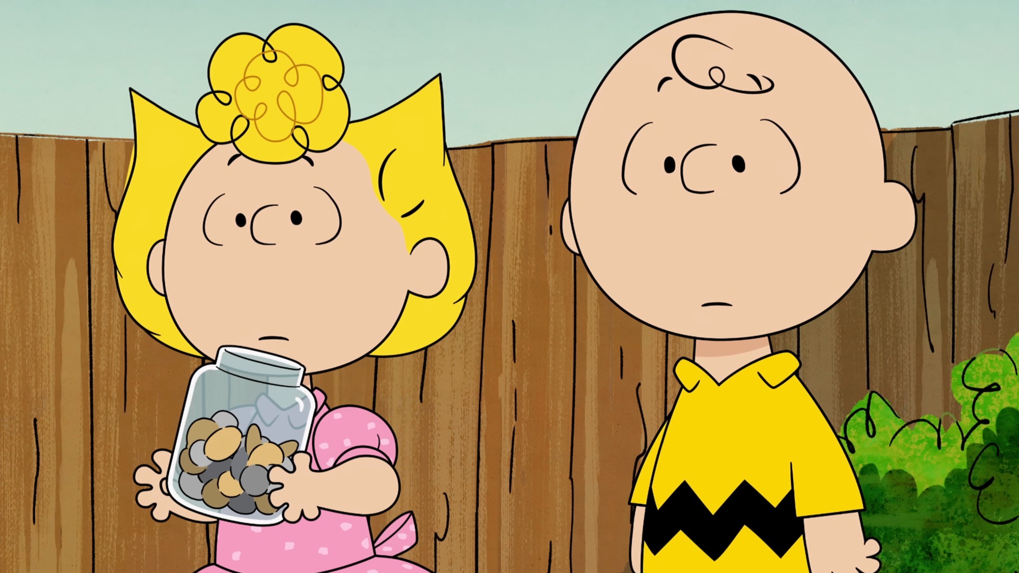 Sally Brown on the left holding a glass jar, standing next to Charlie Brown
