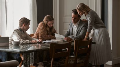 The Watcher. (L to R) Luke David Blumm as Carter Brannock, Isabel Marie Gravitt as Ellie Brannock, Bobby Cannavale as Dean Brannock, Naomi Watts as Nora Brannock in episode 101 of The Watcher.