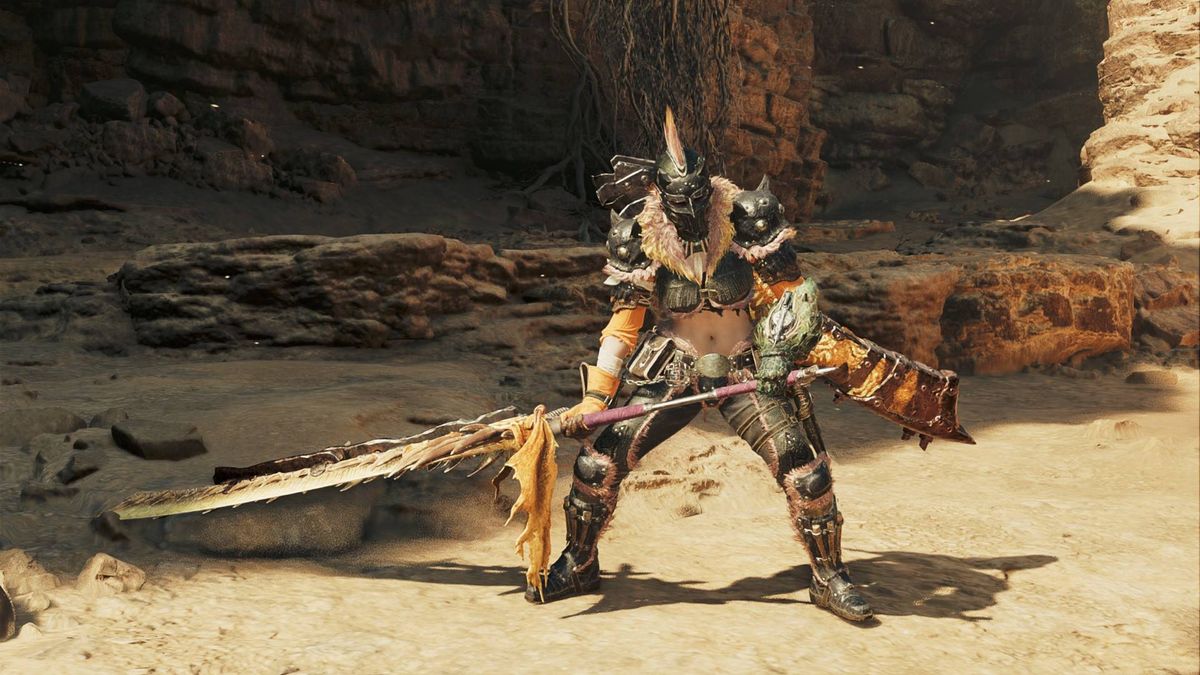 The player standing with the Long Sword equipped in Monster Hunter Wilds.