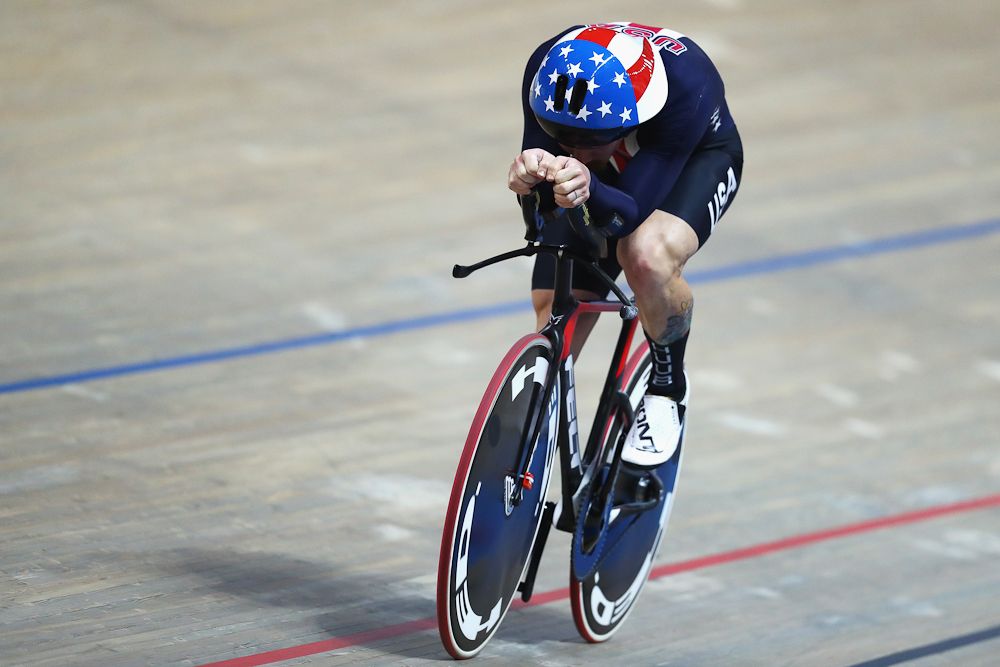 Ashton Lambie of the USA competes in the Men's Individual Pursuit Qualifying race on day three of the UCI Track Cycling World Championships