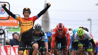Bahrain McLaren Spanish rider Ivan Garcia Cortina L celebrates as he crosses the finish line at the end of the 2125 km 3rd stage of the 78th Paris Nice cycling race stage between ChalettesurLoing and La Chatre on March 10 2020 Photo by Alain JOCARD AFP Photo by ALAIN JOCARDAFP via Getty Images