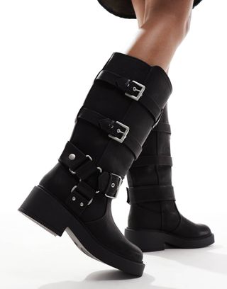 Asos Design Captain Multi-Buckle Biker Knee Boots in Black