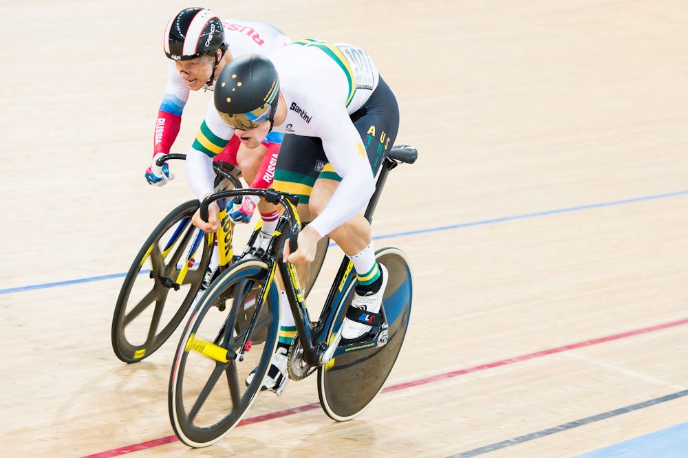 Matthew Glaetzer of the Australia team and Pavel Yakushevskiy of the Russia team compete in the Men's Sprint