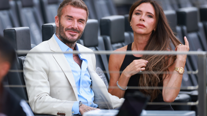 Co-owner David Beckham of Inter Miami CF and wife Victoria Beckham react prior to the Leagues Cup 2023 match between Inter Miami CF and Atlanta United at DRV PNK Stadium on July 25, 2023