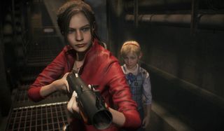 Resident Evil 2 Claire protects Sherry with a shotgun