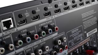 Close-up of the rear of a Denon AV receiver