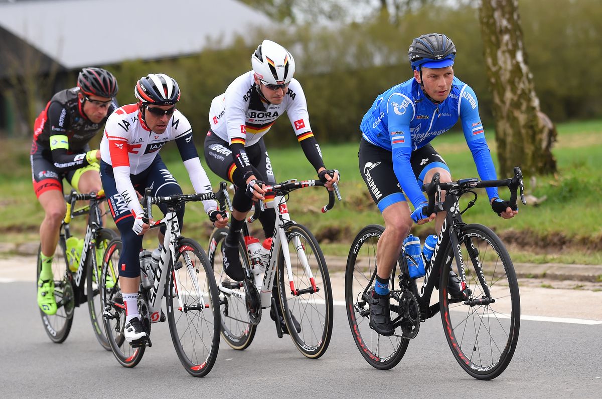 Gazprom's Sergey Nikoleav leads IAM Cycling's Oliver Zaugg, Bora-Argon 18's Emanuel Buchmann and Roth's Alberto Cecchin