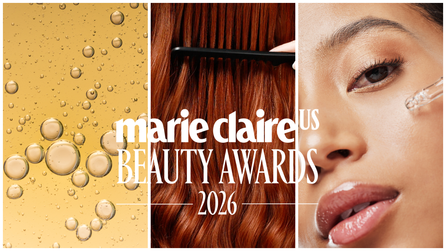 collage of skin hair and makeup for the marie claire beauty awards 2026