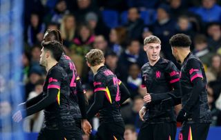 Cole Palmer of Chelsea celebrates with teammates after Bart Verbruggen of Brighton & Hove Albion (not pictured) scores a own goal during the Emirates FA Cup Fourth Round match between Brighton & Hove Albion and Chelsea at Amex Stadium on February 08, 2025 in Brighton, England. Manchester United