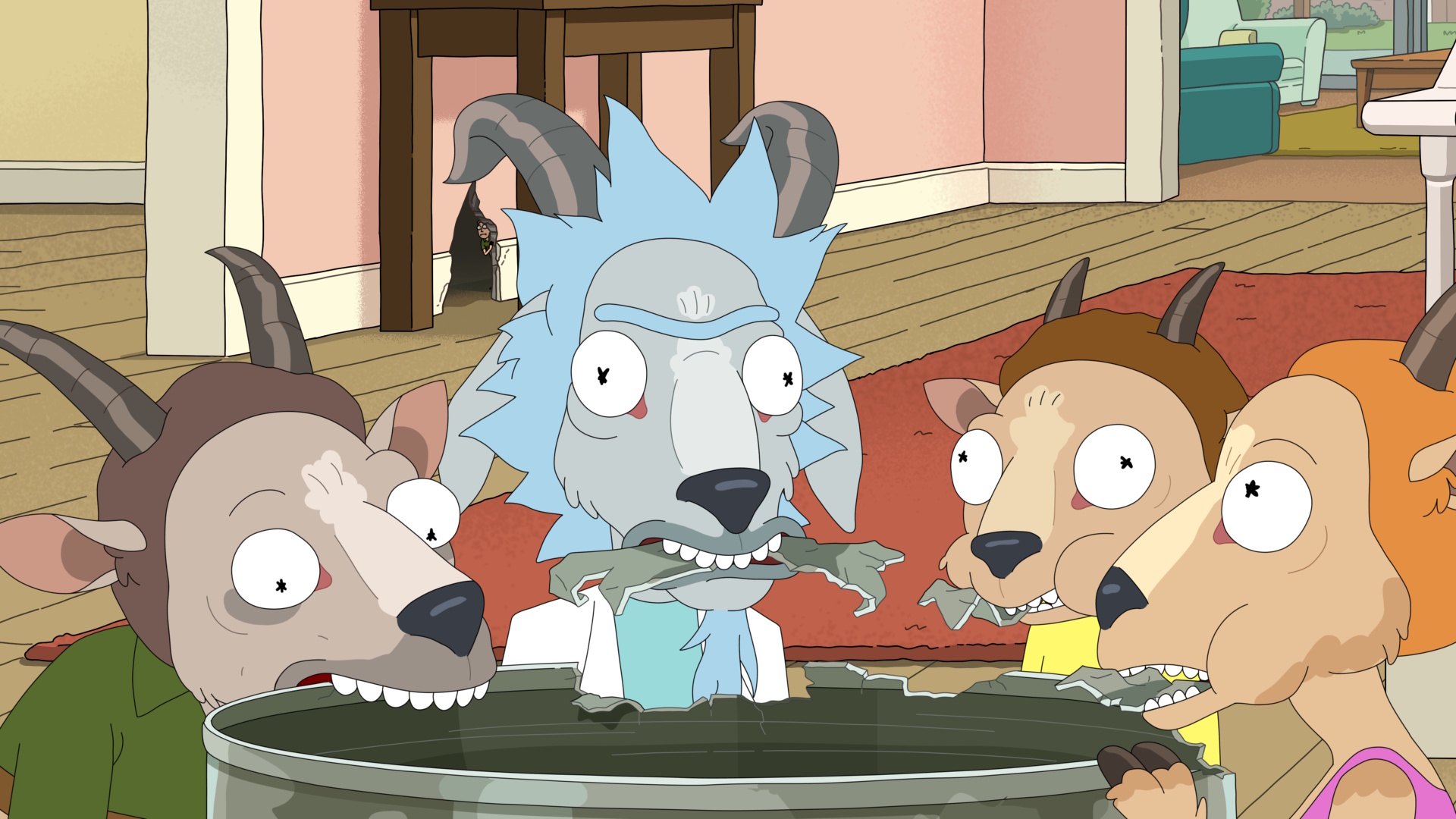 Rick and Morty season 8 still with the Smith family and Rick transformed into goats eating a large can