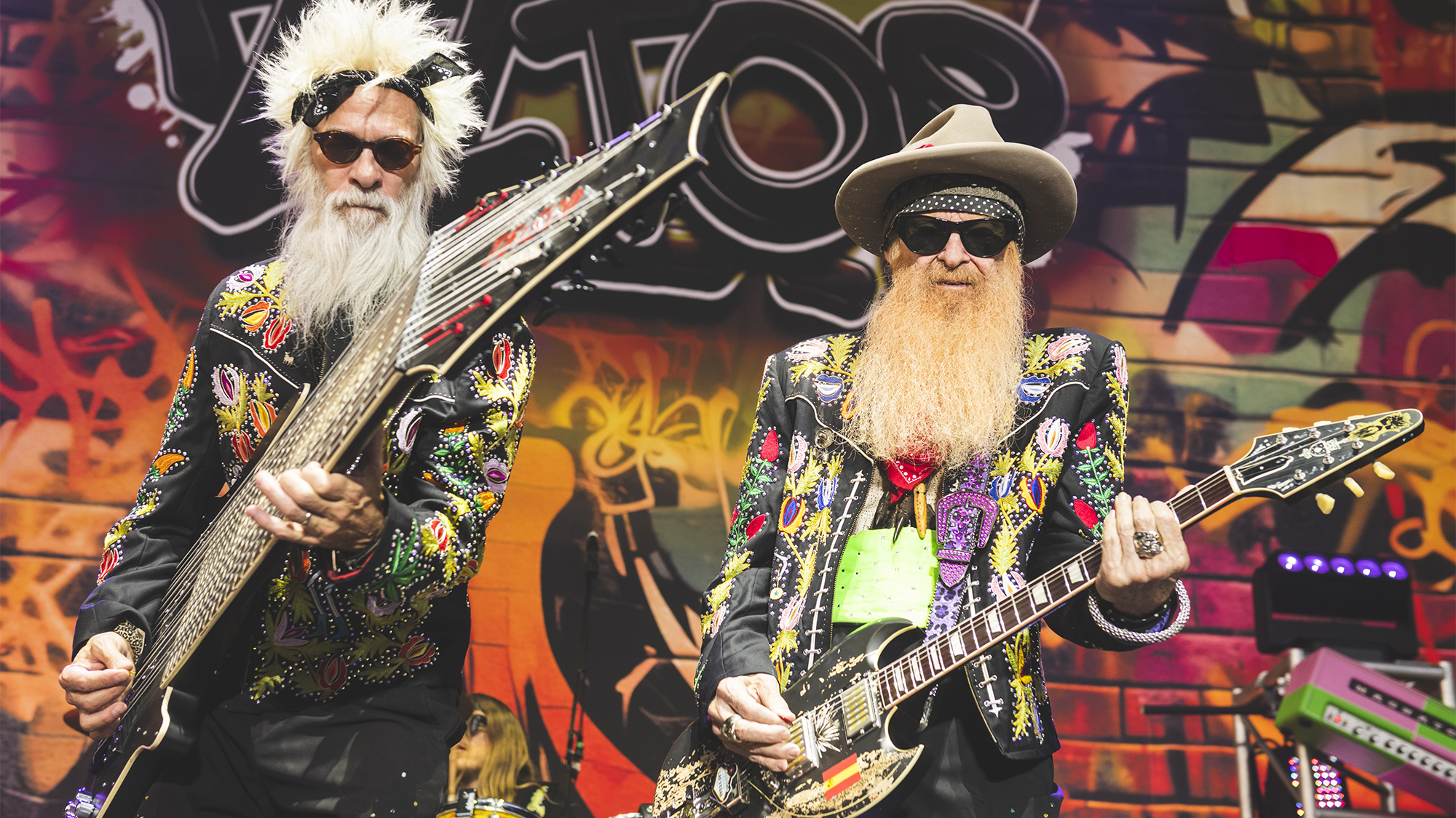 Elwood Francis and Billy Gibbons of ZZ Top perform on stage during Noches del Botanico music festival at Real Jardin Botanico Alfonso XIII on July 20, 2026 in Madrid, Spain.