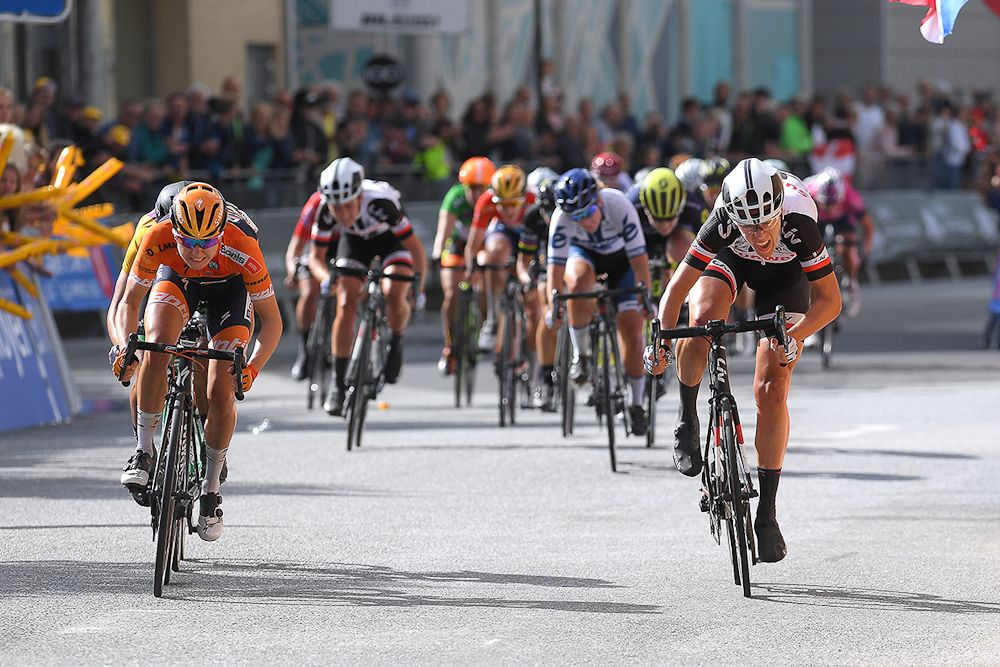 Megan Guarnier and Ellen Van Dijk head for the line