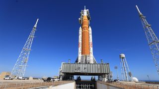 NASA&rsquo;s Artemis II SLS rocket and Orion spacecraft stand vertical on mobile launcher 1 at Launch Complex 39B at NASA&rsquo;s Kennedy Space Center in Florida on Feb. 10, 2026.&nbsp;