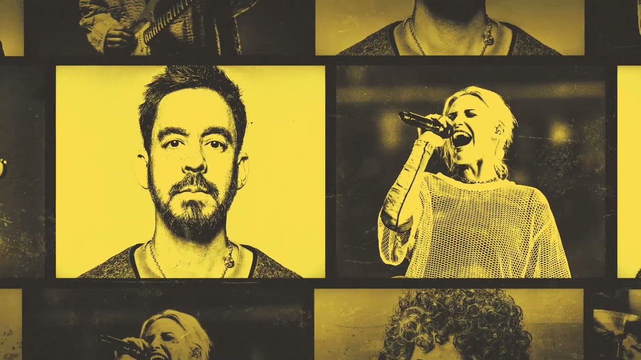 Pictures of Linkin Park members in black and yellow