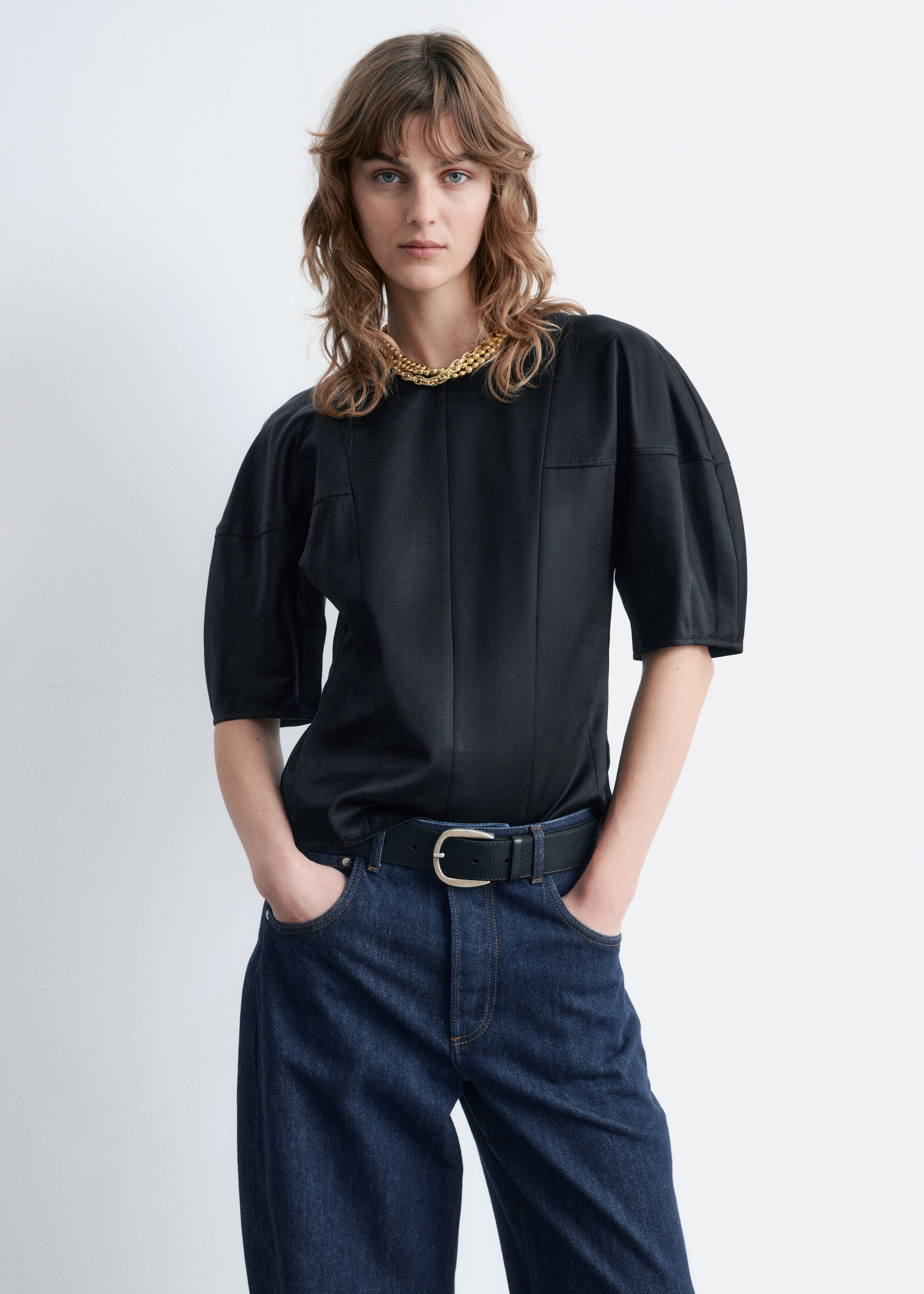 Satin Puff-Sleeve Top - Black