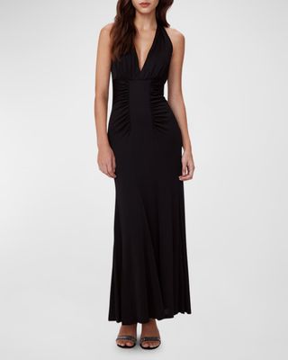 Makayla Ruched Deep V-Neck Halter Maxi Dress