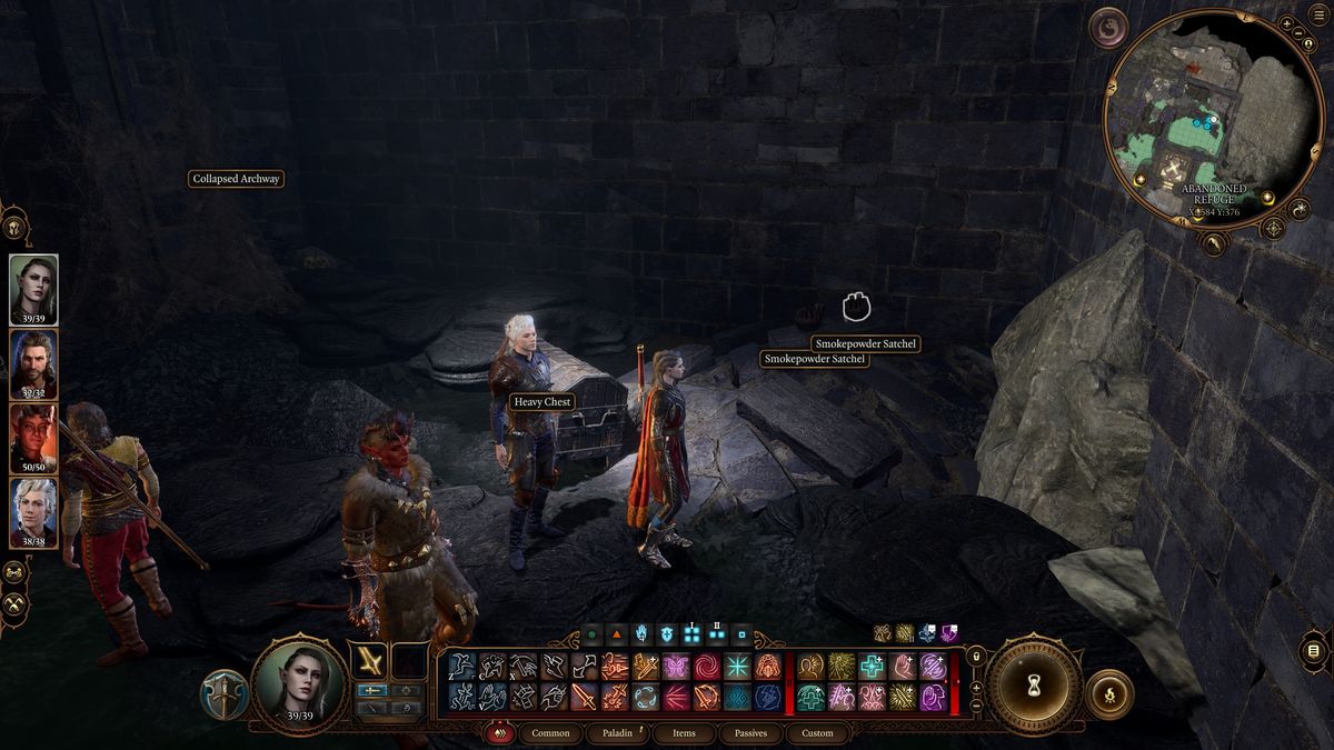 Baldur's Gate 3 - player looks at two smokepowder satchels in Abandoned Refuge at map location -584,376