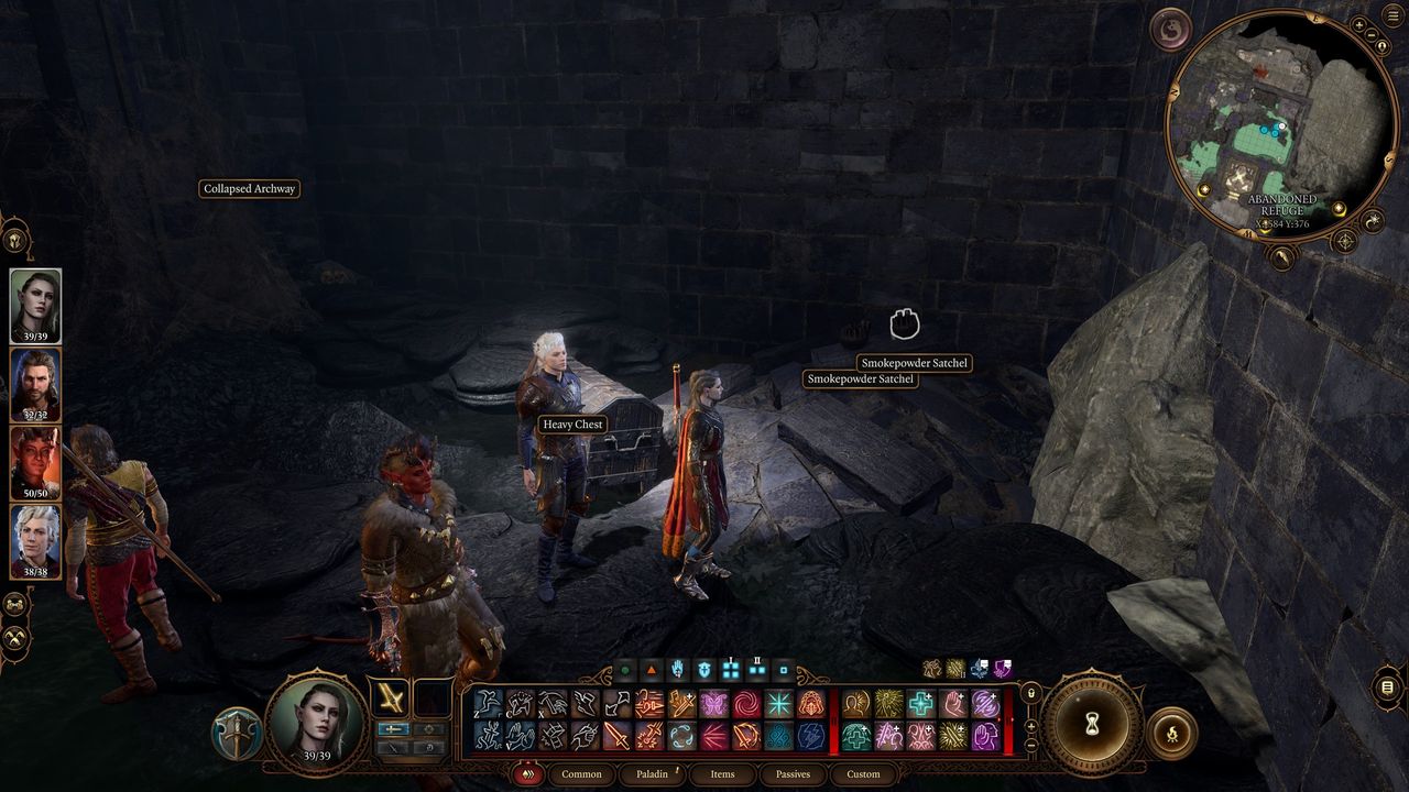 Baldur's Gate 3 - player looks at two smokepowder satchels in Abandoned Refuge at map location -584,376