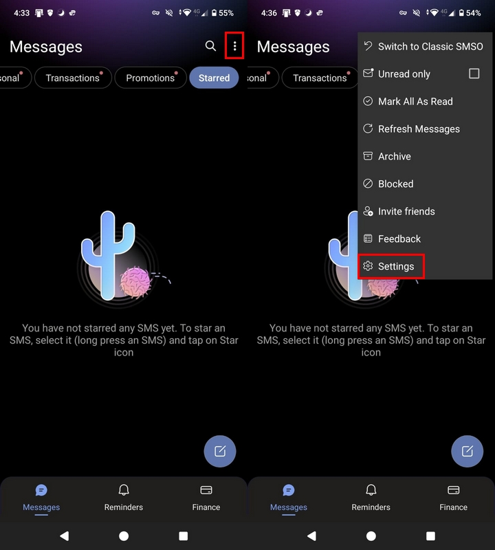 Settings menu in SMS Organizer