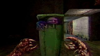 A screenshot from Navicula Meatus showing a strange human-like creature emerging from a bin in a decrepit environment